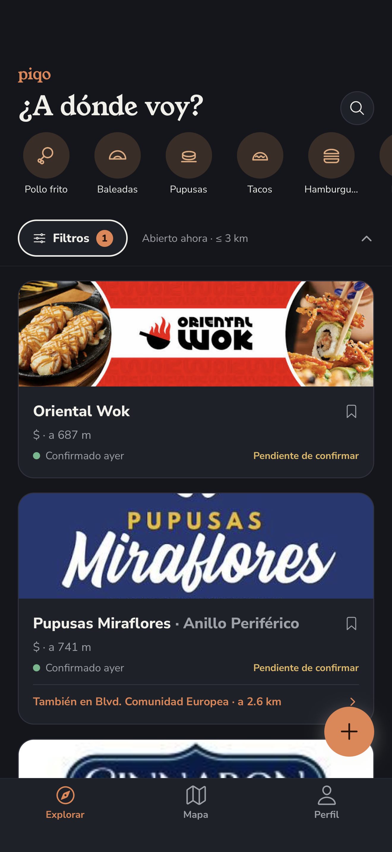 Piqo — Explorar lugares en Tegucigalpa, tema oscuro