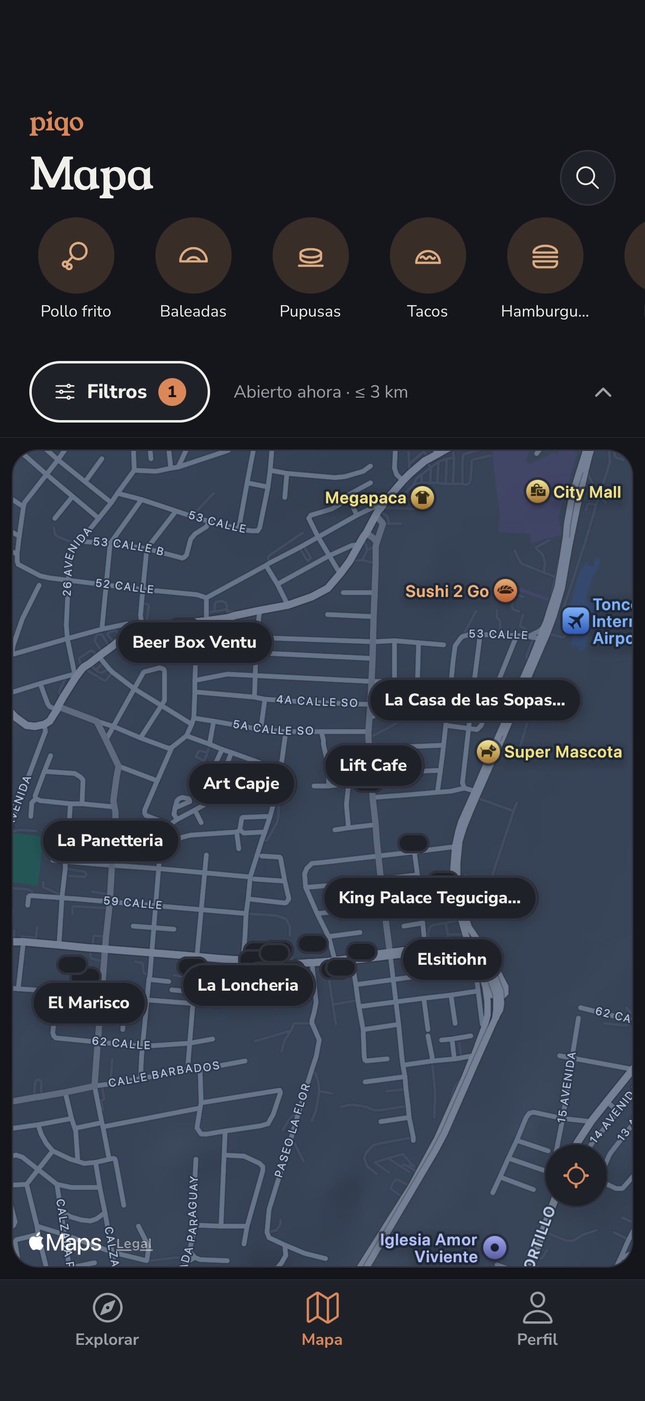 Piqo — Mapa de lugares, tema oscuro
